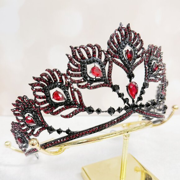 Red Crystal Crown, Peacock Crown, black crown Tiara, Homecoming Prom Headpiece